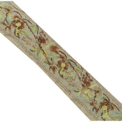 Sanskriti Vintage Sari Border Hand Embroidered 1Yd Trim Sewing Pale Cream Lace