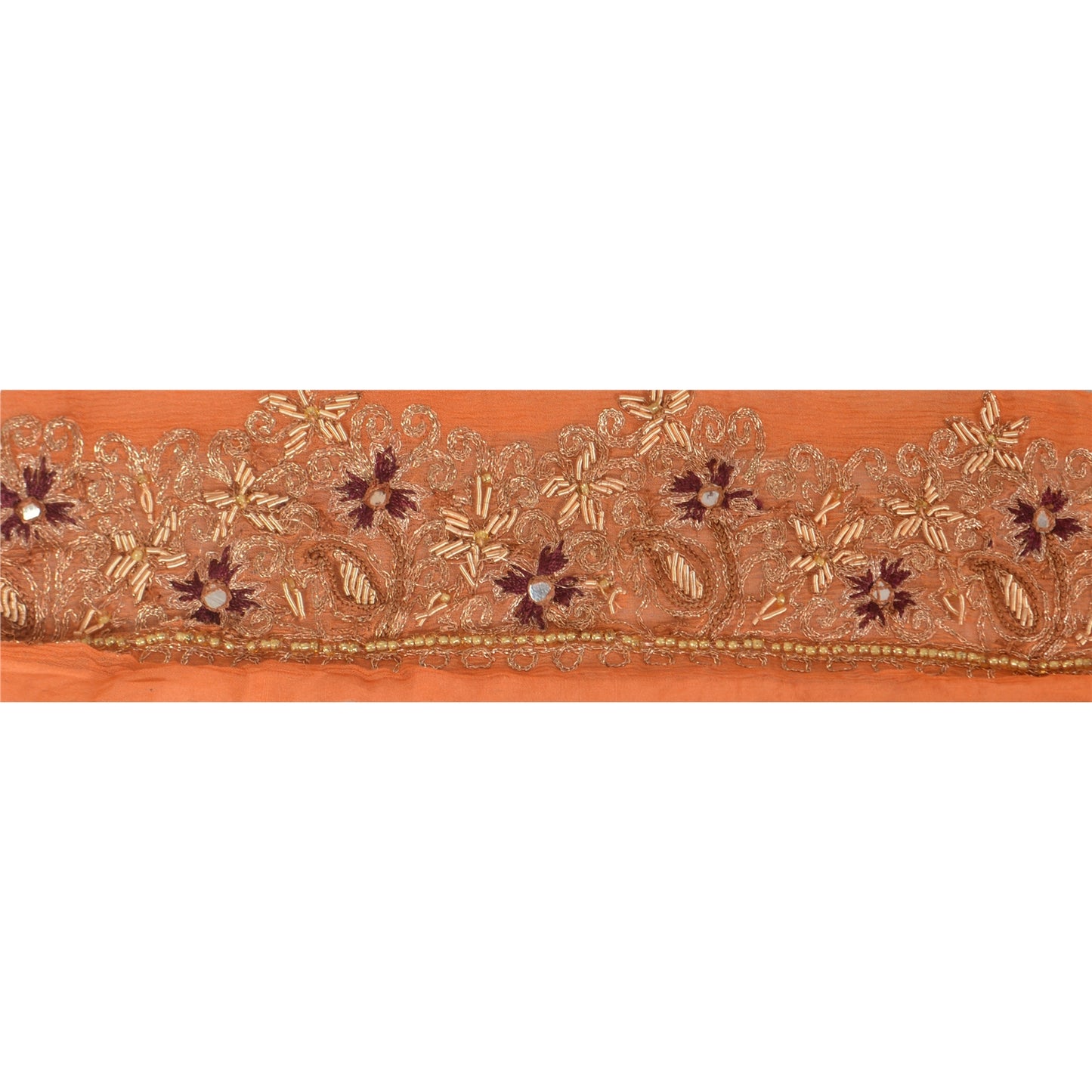 Sanskriti Vintage Sari Border Hand Beaded 1 Yd Indian Trim Sewing Orange Lace