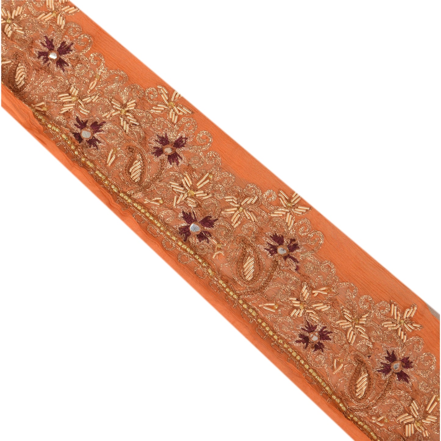 Sanskriti Vintage Sari Border Hand Beaded 1 Yd Indian Trim Sewing Orange Lace