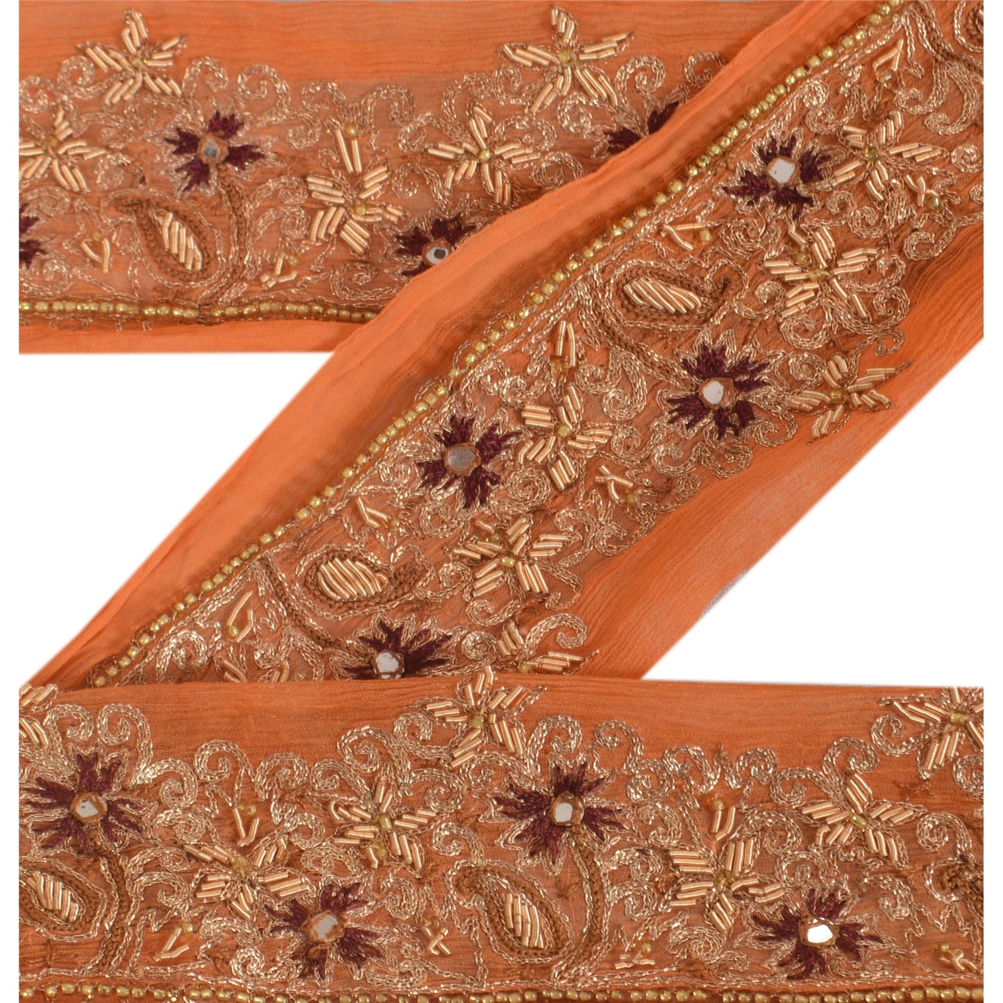 Sanskriti Vintage Sari Border Hand Beaded 1 Yd Indian Trim Sewing Orange Lace
