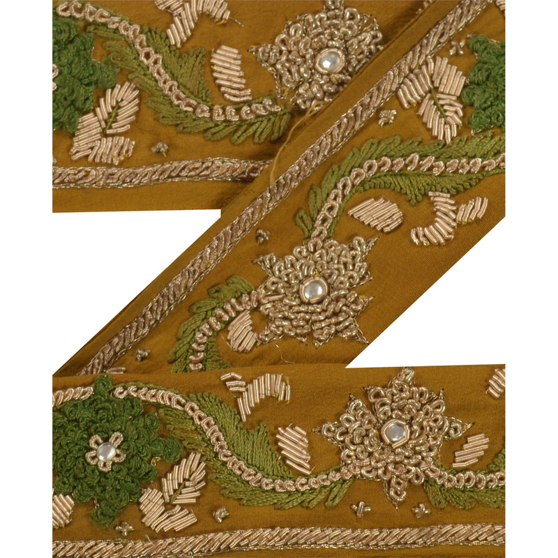 Sanskriti Vintage Sari Border Hand Beaded 1 Yard Trims Dã©Cor Ribbon Grøn Blonde