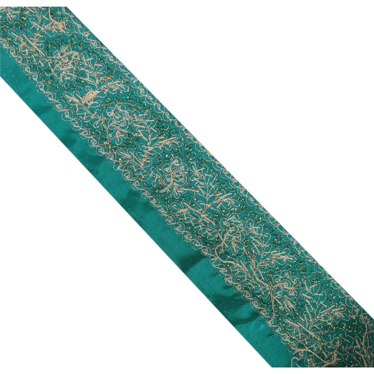 Sanskriti Vintage Sari Border Hand Beaded 1Yd Indian Trim Sewing Green Zari Lace