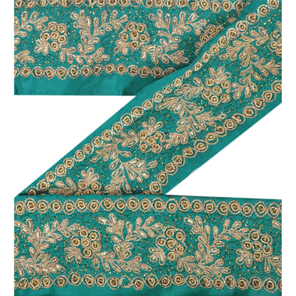 Sanskriti Vintage Sari Border Hand Beaded 1Yd Indian Trim Sewing Green Zari Lace