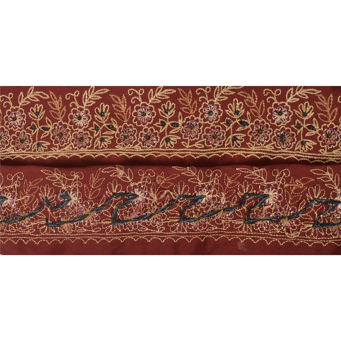 Sanskriti Vintage Sari Border Antique Hand Embroidered 1 Yd Trim Ribbon Dark Red Lace