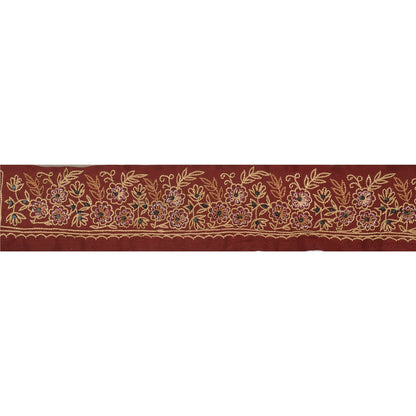 Sanskriti Vintage Sari Border Antique Hand Embroidered 1 Yd Trim Ribbon Dark Red Lace