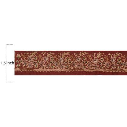 Sanskriti Vintage Sari Border Antique Hand Embroidered 1 Yd Trim Ribbon Dark Red Lace