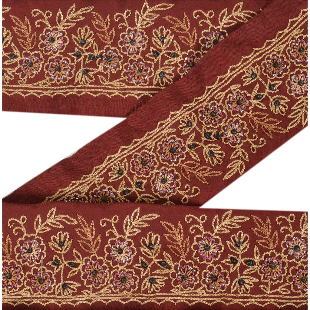 Sanskriti Vintage Sari Border Antique Hand Embroidered 1 Yd Trim Ribbon Dark Red Lace