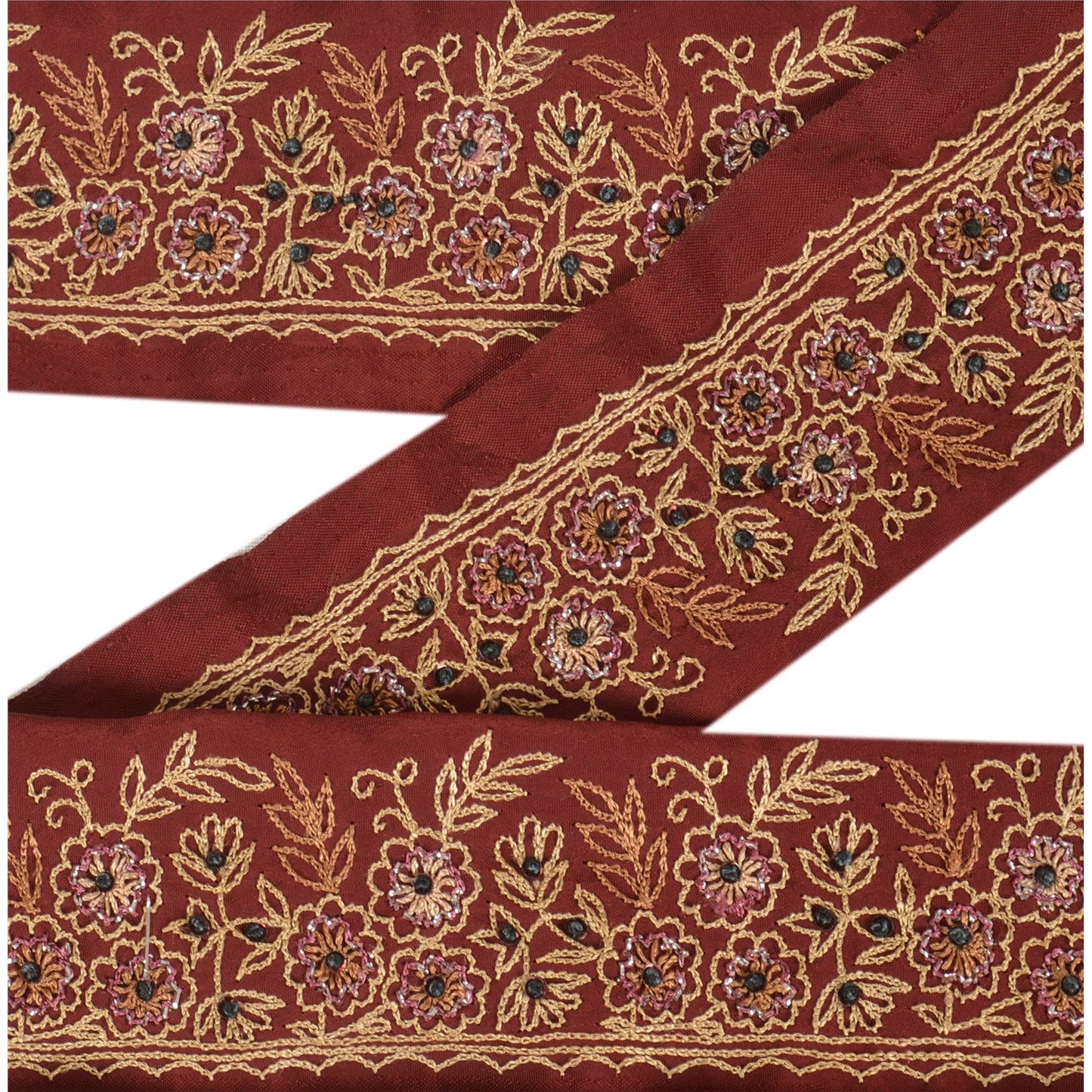 Sanskriti Vintage Sari Border Antique Hand Embroidered 1 Yd Trim Ribbon Dark Red Lace