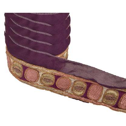 Sanskriti Vintage Sari Border Hand Beaded 1Yd Indian Trim Sewing Purple Zari Lace