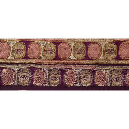 Sanskriti Vintage Sari Border Hand Beaded 1Yd Indian Trim Sewing Purple Zari Lace