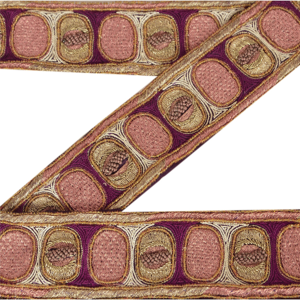 Sanskriti Vintage Sari Border Hand Beaded 1Yd Indian Trim Sewing Purple Zari Lace