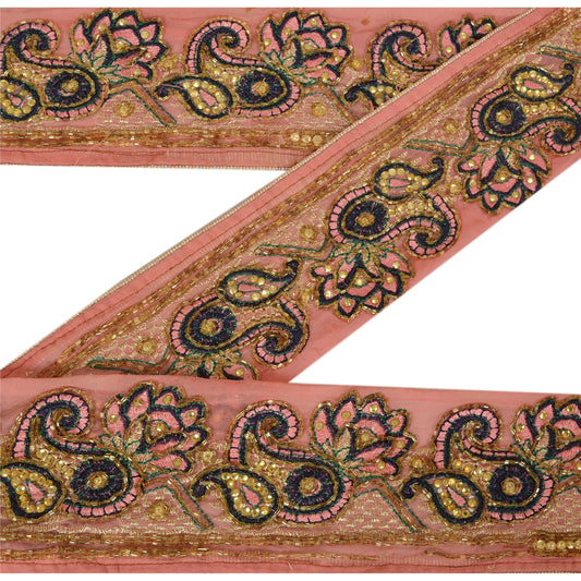 Sanskriti Vintage Sari Border Hand Beaded 1 Yd Trim Sewing Pink Craft Decor Lace