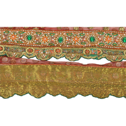 Sanskriti Vintage Sari Border Hand Beaded 1 Yd Indian Trim Sewing Dark Red Lace