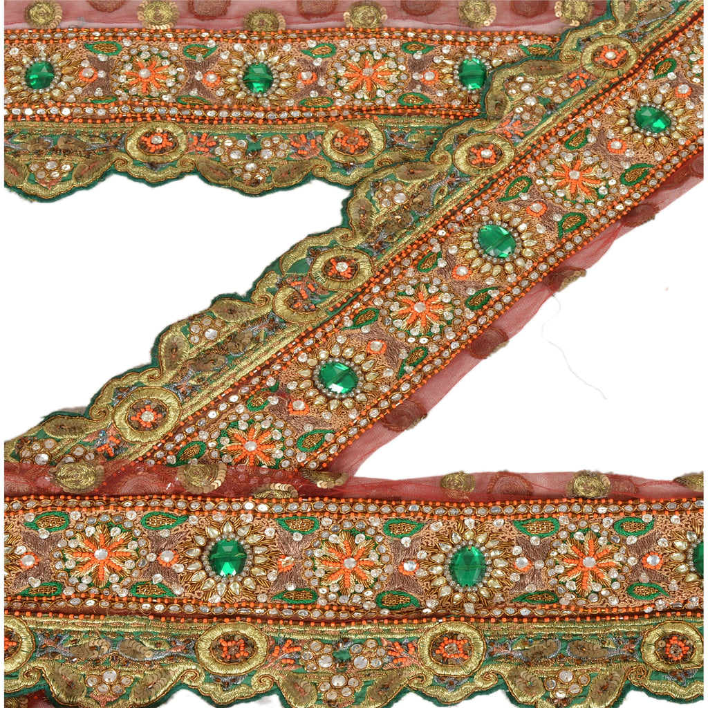 Sanskriti Vintage Sari Border Hand Beaded 1 Yd Indian Trim Sewing Dark Red Lace