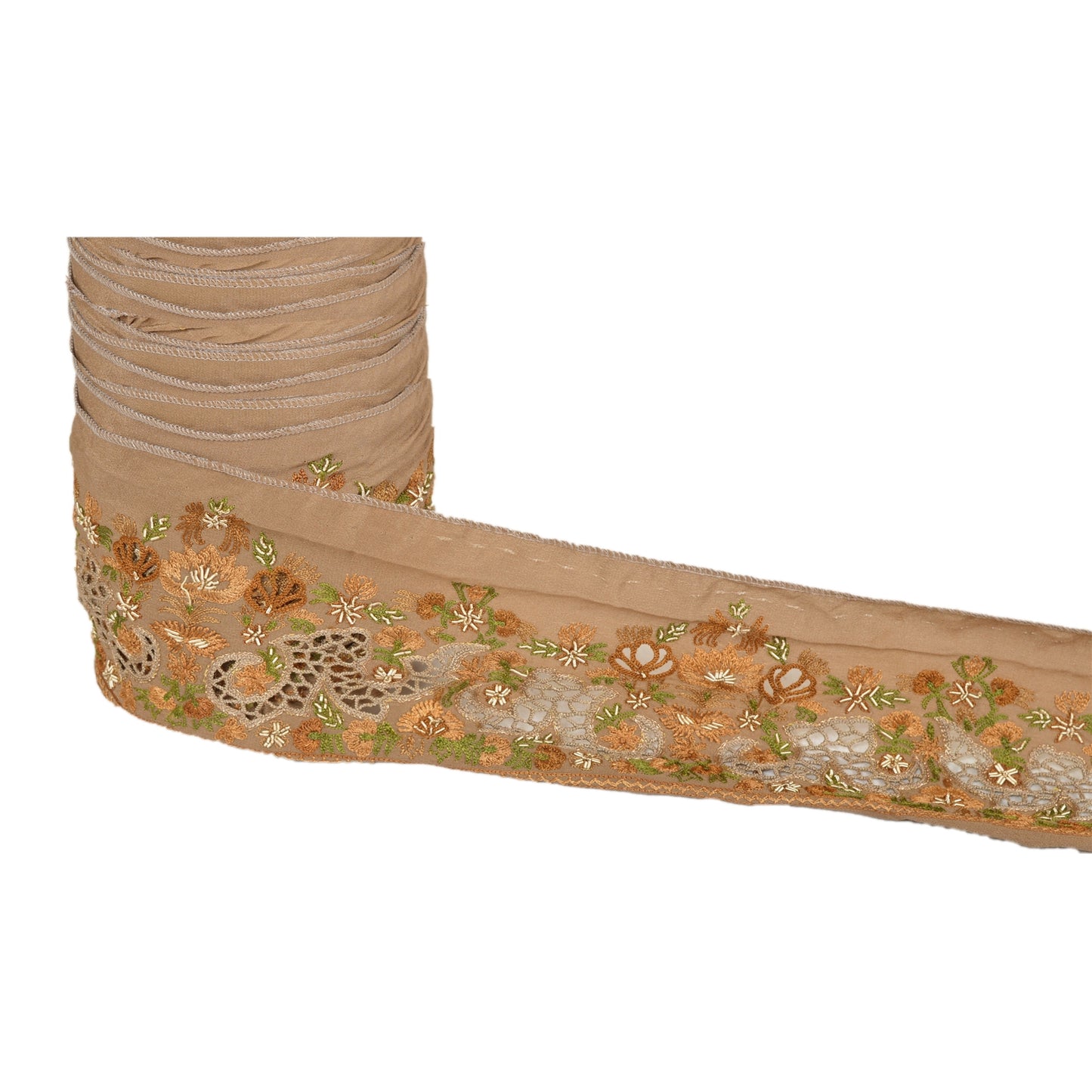 SANSKRITI VINTAGE Border Hand Embroidered 1 YD Trim Sewing Brown Zardozi Lace