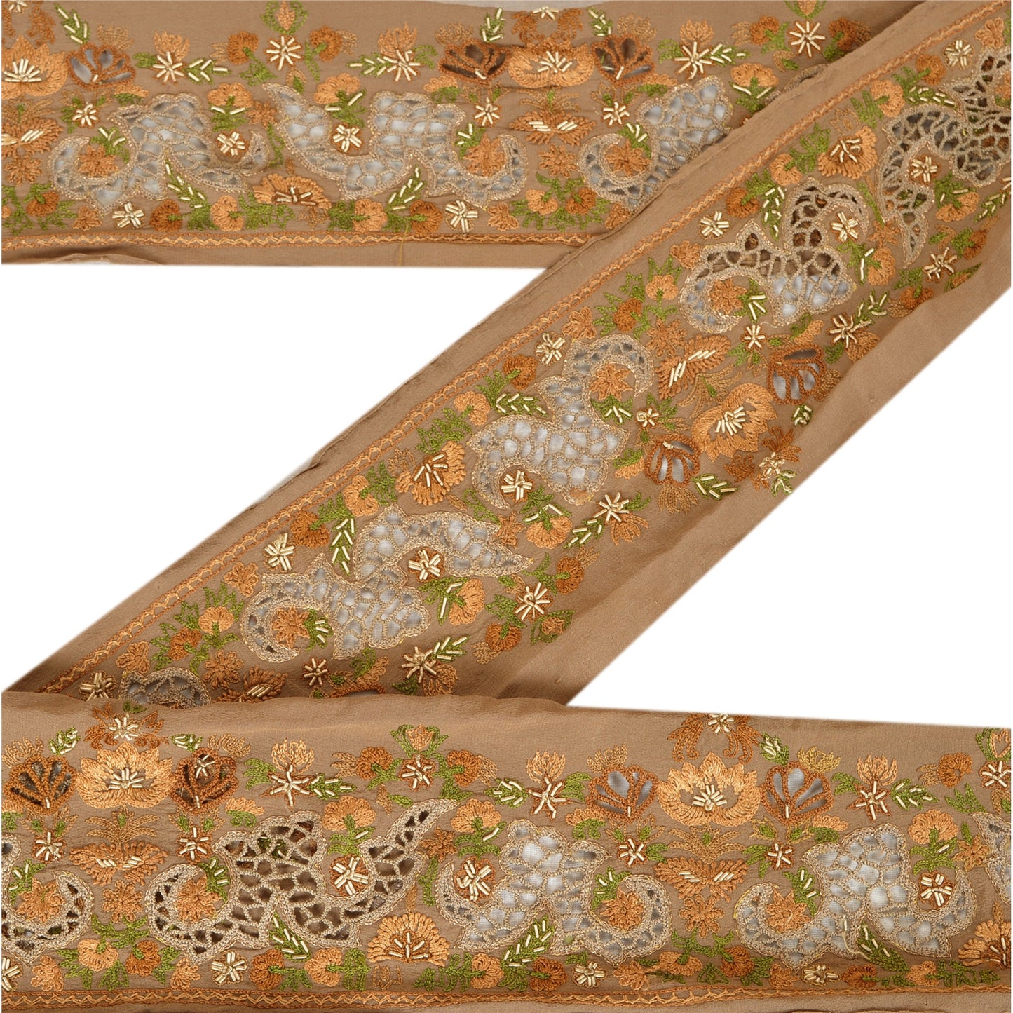 SANSKRITI VINTAGE Border Hand Embroidered 1 YD Trim Sewing Brown Zardozi Lace