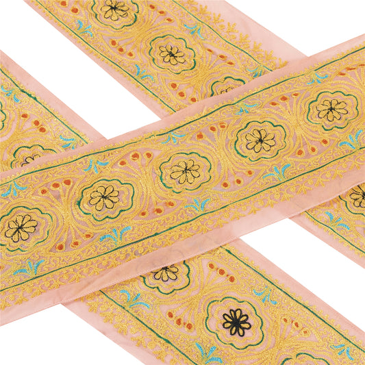 Sanskriti Vintage Sari Border Hand Embroidered 1 YD Trim Sewing Peach Decor Lace
