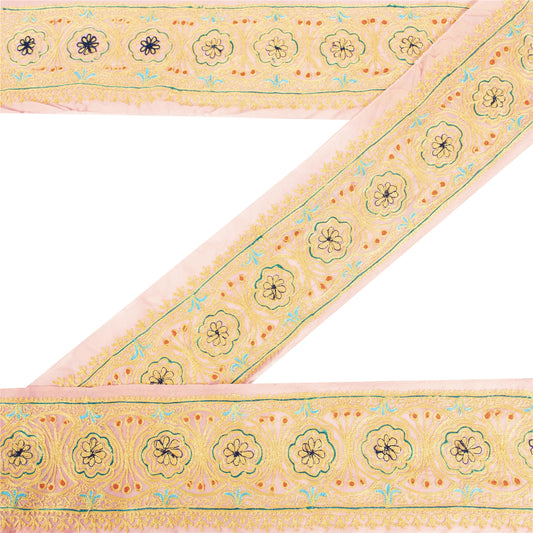 Sanskriti Vintage Sari Border Hand Embroidered 1 YD Trim Sewing Peach Decor Lace