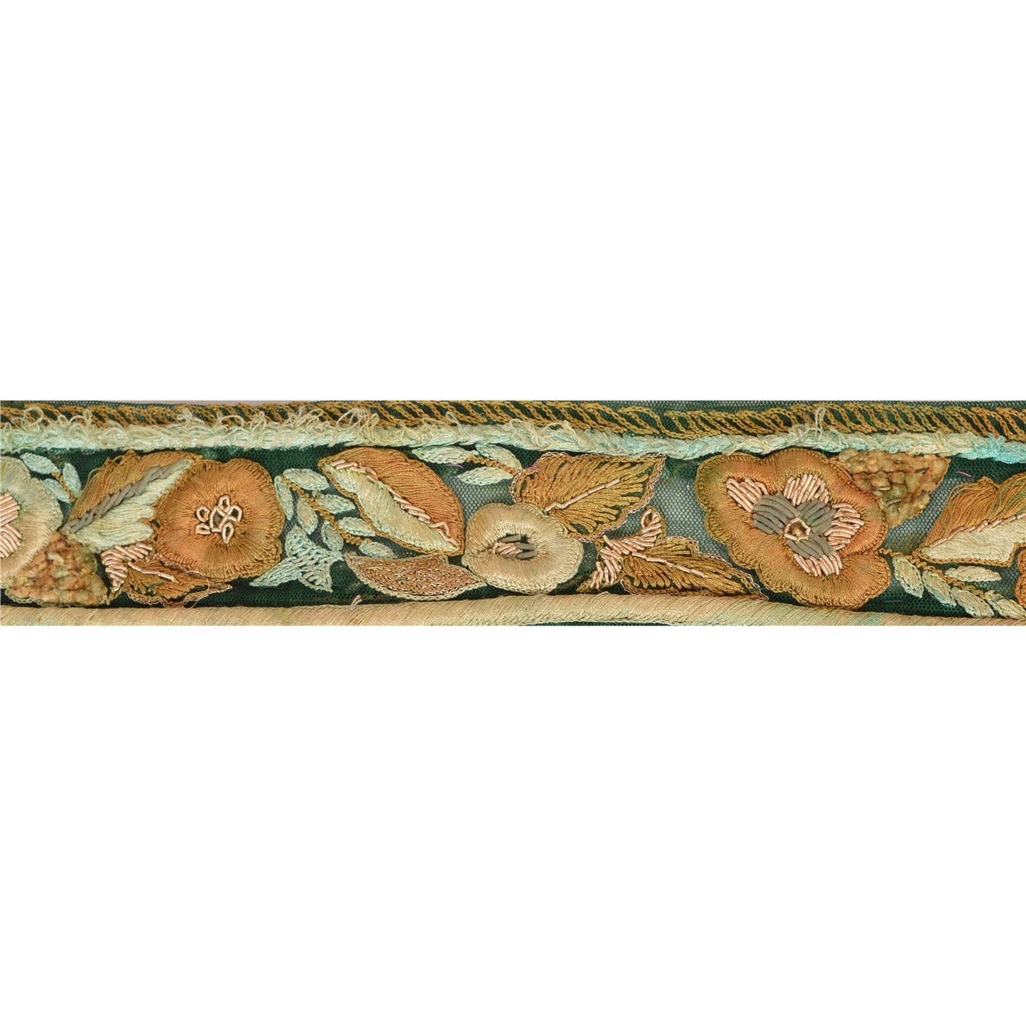 Sanskriti Vintage Sari Border Hand Embroidered 1 Yd Trim Sewing Green Craft Lace