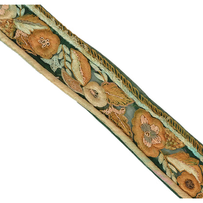 Sanskriti Vintage Sari Border Hand Embroidered 1 Yd Trim Sewing Green Craft Lace