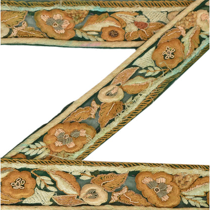 Sanskriti Vintage Sari Border Hand Embroidered 1 Yd Trim Sewing Green Craft Lace
