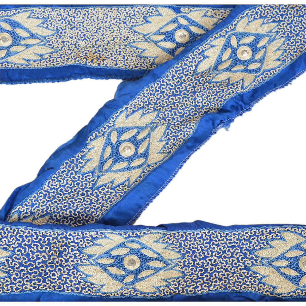 Sanskriti Vintage Sari Border Hand Beaded 1 Yd Craft Trim Sewing Dark Blue Lace