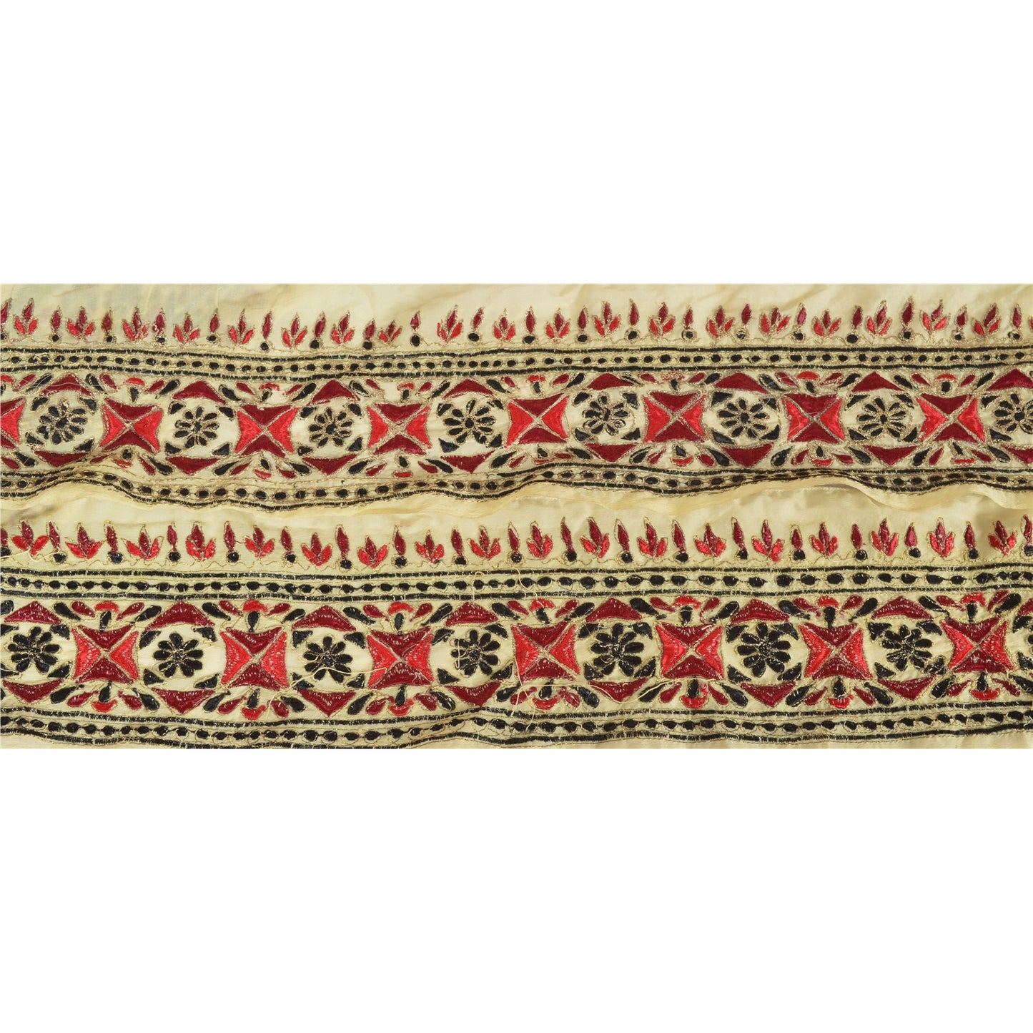 Sanskriti Vintage Sari Border Hand Embroidered 1 Yd Trim Sewing Cream Zari Lace
