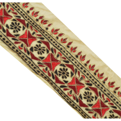 Sanskriti Vintage Sari Border Hand Embroidered 1 Yd Trim Sewing Cream Zari Lace