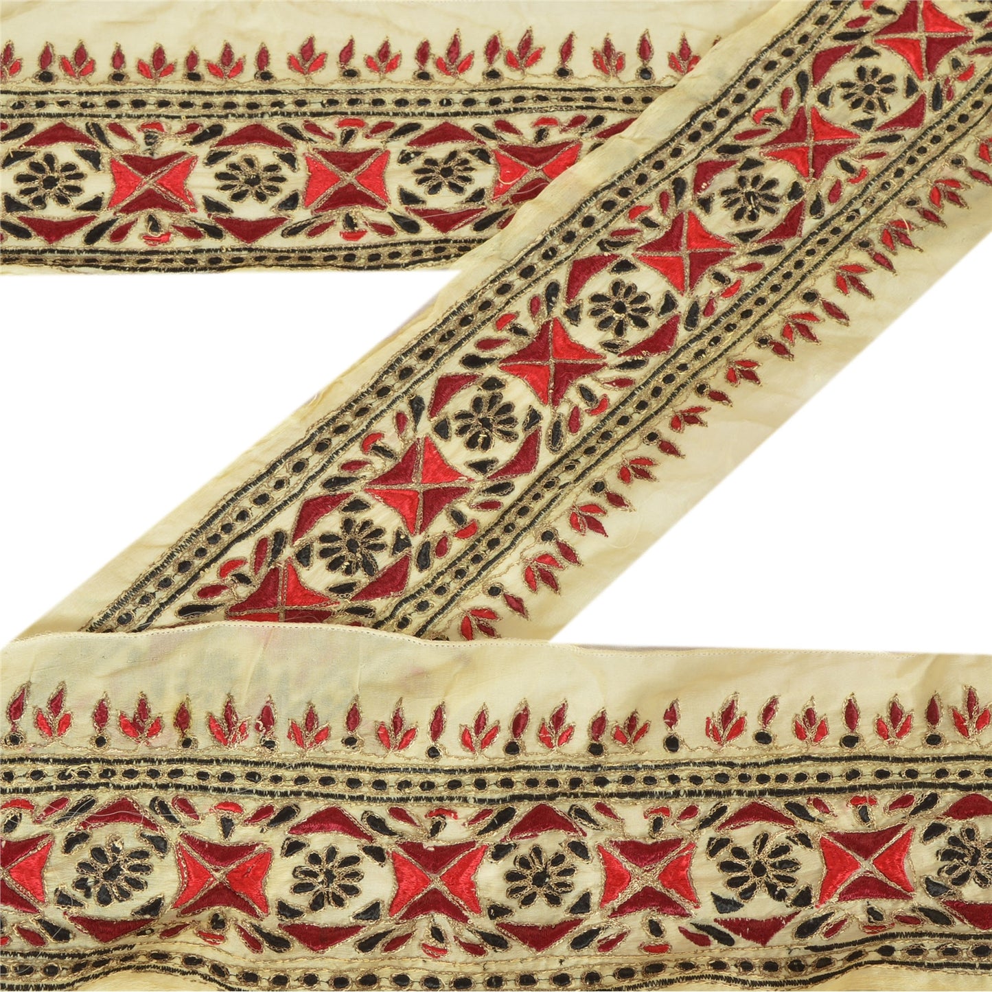 Sanskriti Vintage Sari Border Hand Embroidered 1 Yd Trim Sewing Cream Zari Lace