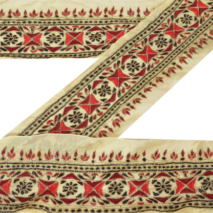 Sanskriti Vintage Sari Border Hand Embroidered 1 Yd Trim Sewing Cream Zari Lace