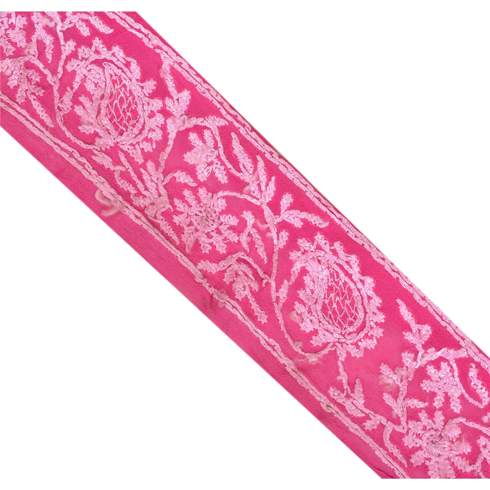 Sanskriti Vintage Sarees/Sari Border Pink Hand Embroidered Chikankari Georgette Saree 1 Yd Trim Sewing 2w Zardozi & Thread Work Lace