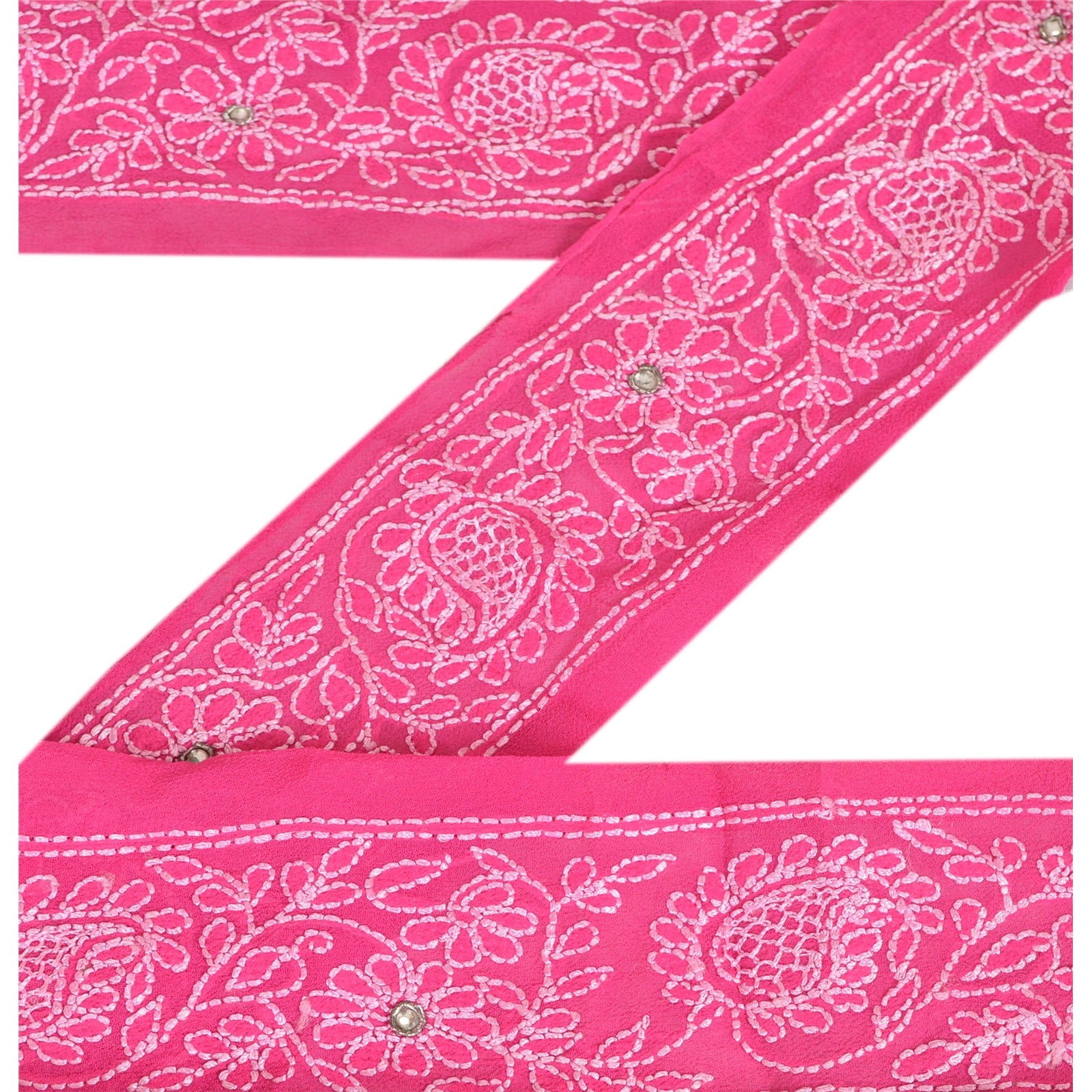 Sanskriti Vintage Sarees/Sari Border Pink Hand Embroidered Chikankari Georgette Saree 1 Yd Trim Sewing 2w Zardozi & Thread Work Lace