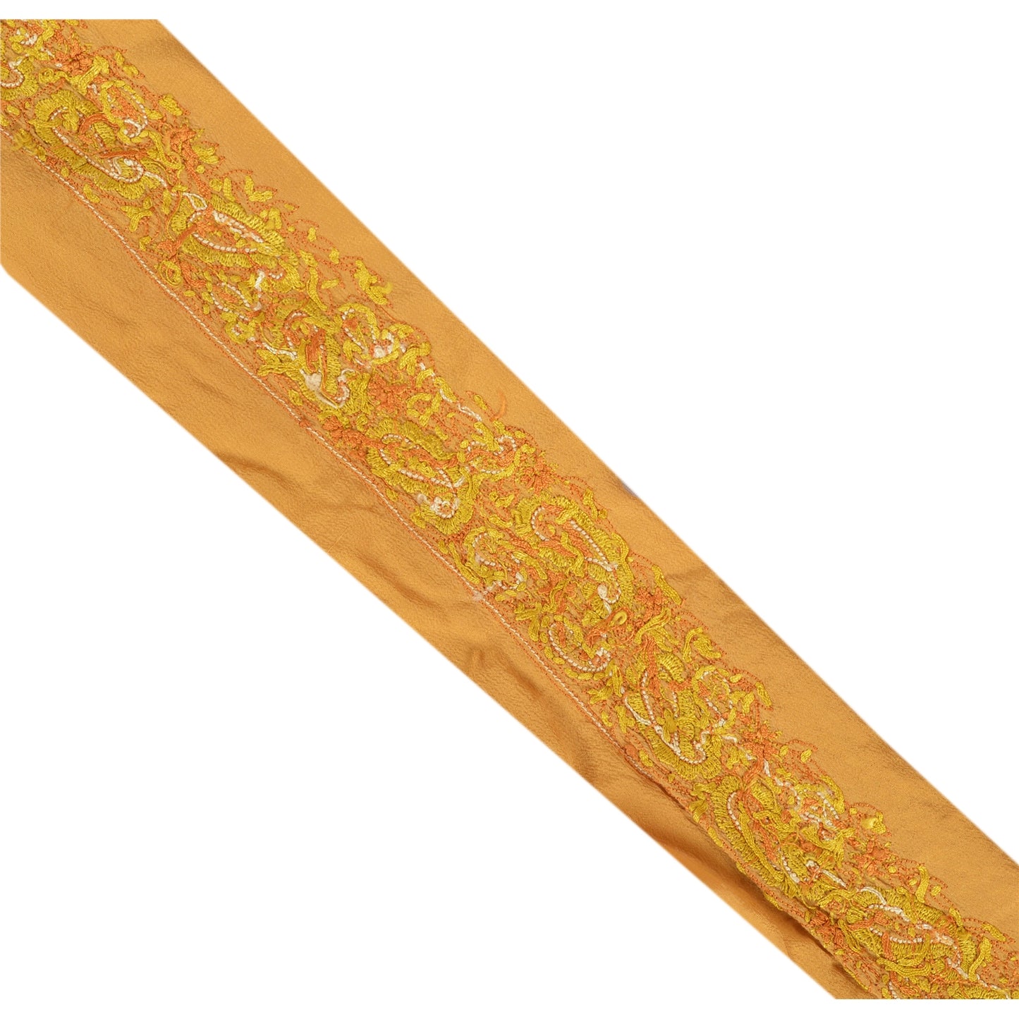 Sanskriti Vintage Sari Border Hand Embroidery 1 YD Trim Ribbon Saffron Silk Lace