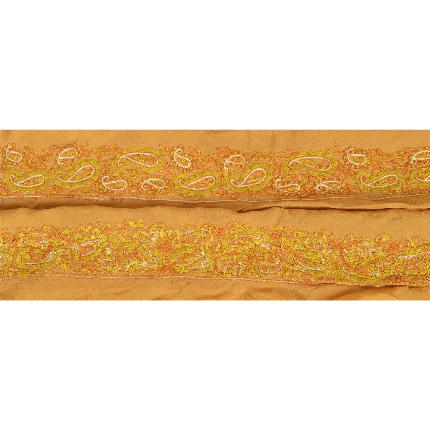 Sanskriti Vintage Sari Border Hand Embroidery 1 YD Trim Ribbon Saffron Silk Lace