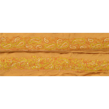 Sanskriti Vintage Sari Border Hand Embroidery 1 YD Trim Ribbon Saffron Silk Lace