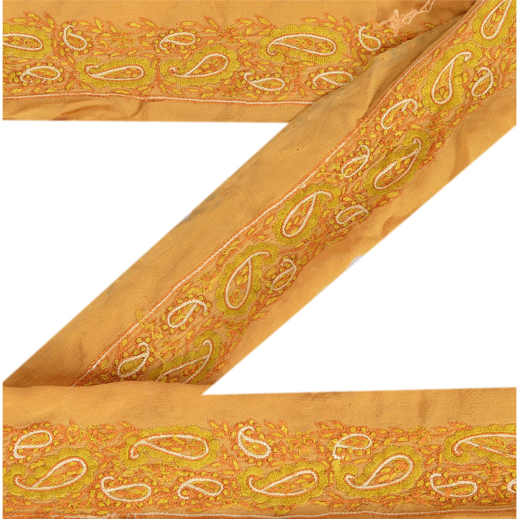 Sanskriti Vintage Sari Border Hand Embroidery 1 YD Trim Ribbon Saffron Silk Lace
