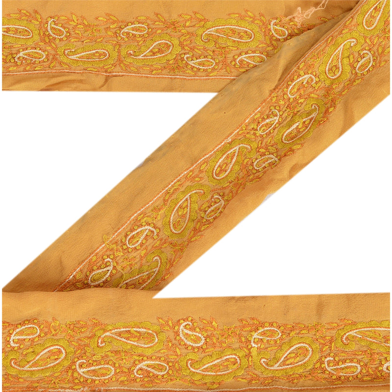 Sanskriti Vintage Sari Border Hand Embroidery 1 YD Trim Ribbon Saffron Silk Lace