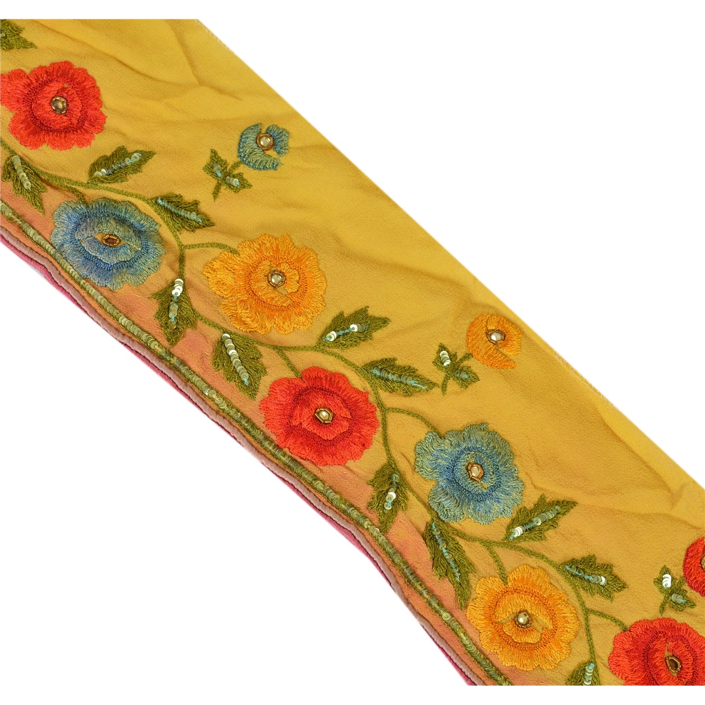 Sanskriti Vintage Sari Border Hand Beaded 1 Yd Indian Trim Sewing Yellow Lace