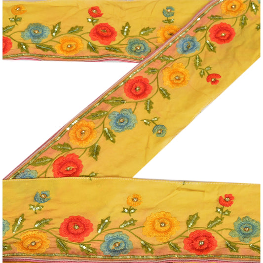 Sanskriti Vintage Sari Border Hand Beaded 1 Yd Indian Trim Sewing Yellow Lace