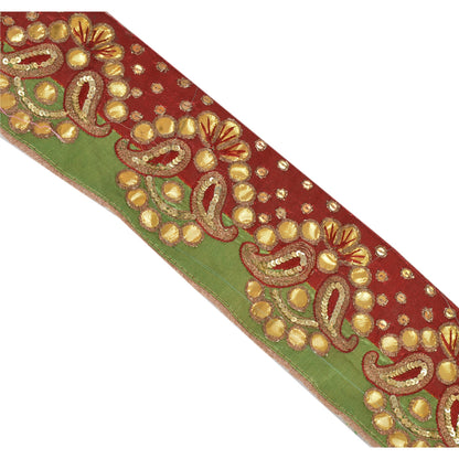 Sanskriti Vintage Saree Border Hand Beaded 1 Yard Indian Trim Sewing Green Lace