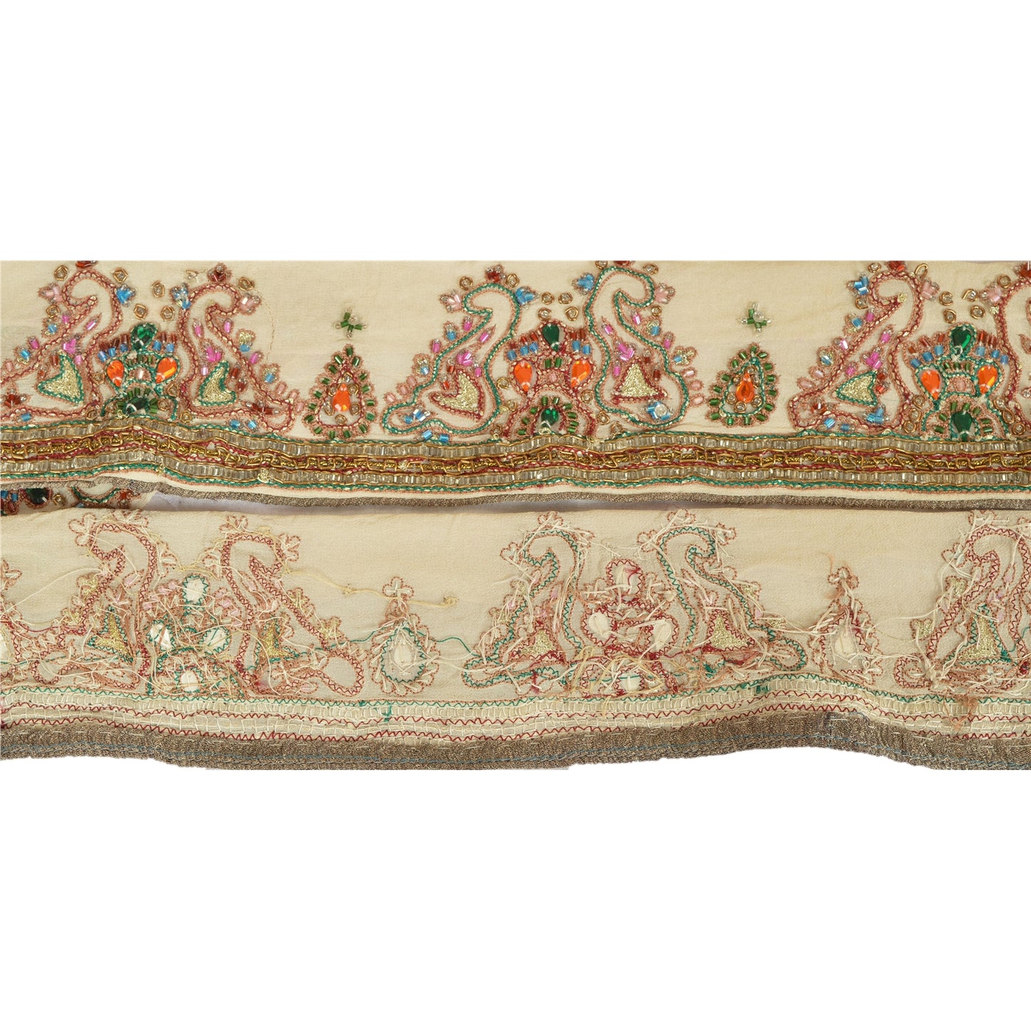Sanskriti Vintage Sari Border Hand Beaded 1 Yd Indian Trim Sewing Cream Lace