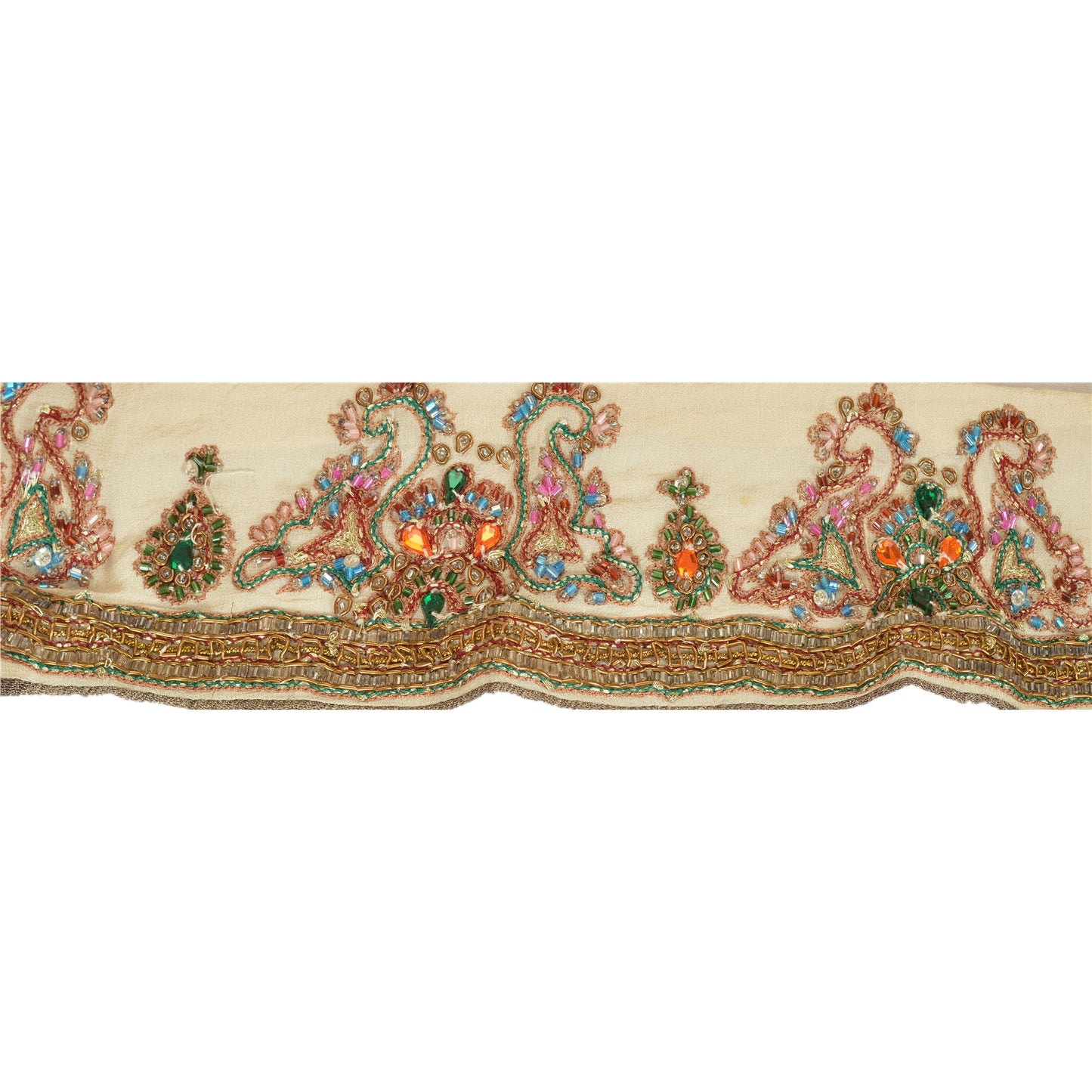 Sanskriti Vintage Sari Border Hand Beaded 1 Yd Indian Trim Sewing Cream Lace