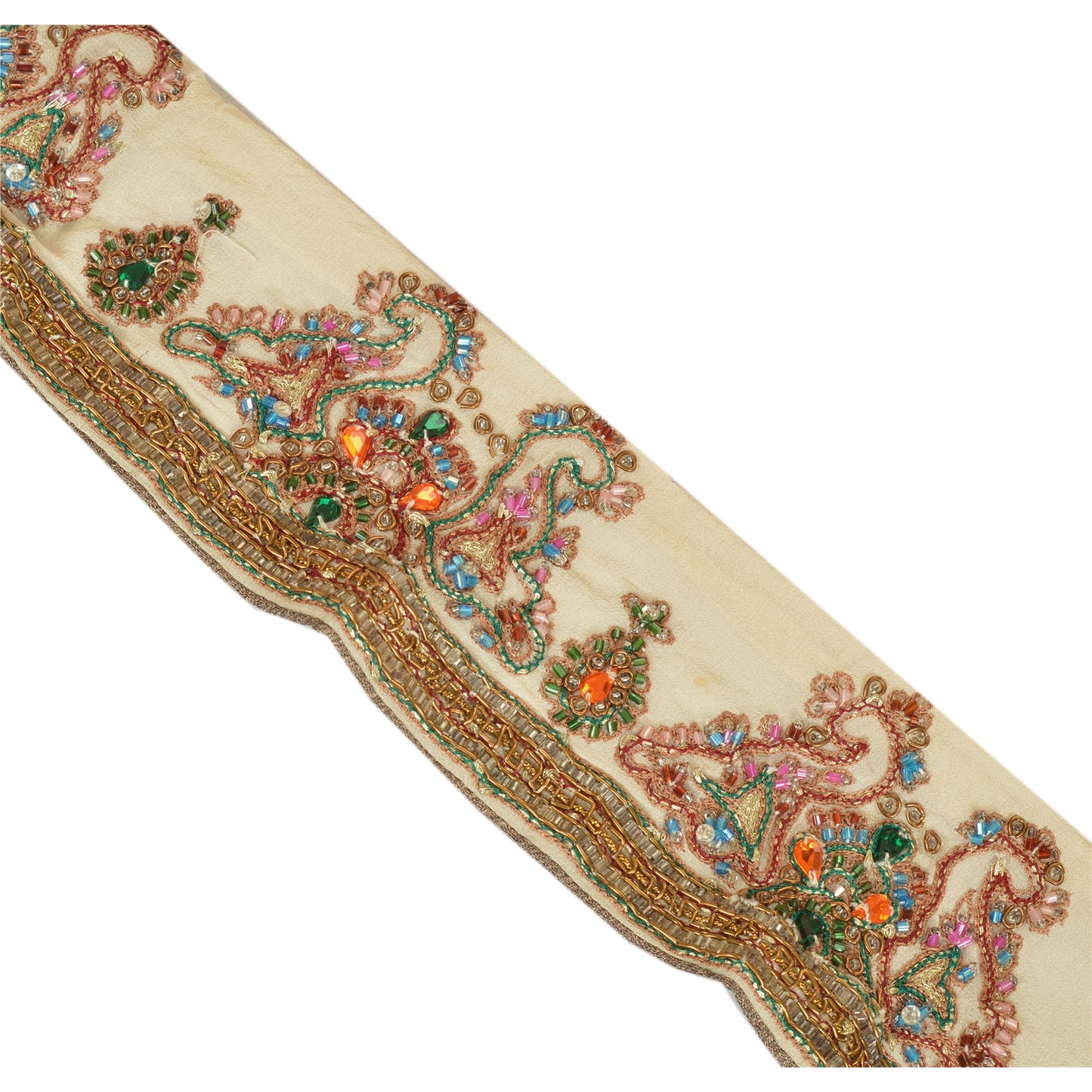 Sanskriti Vintage Sari Border Hand Beaded 1 Yd Indian Trim Sewing Cream Lace