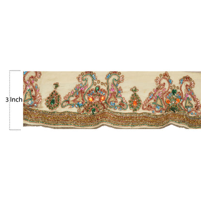 Sanskriti Vintage Sari Border Hand Beaded 1 Yd Indian Trim Sewing Cream Lace