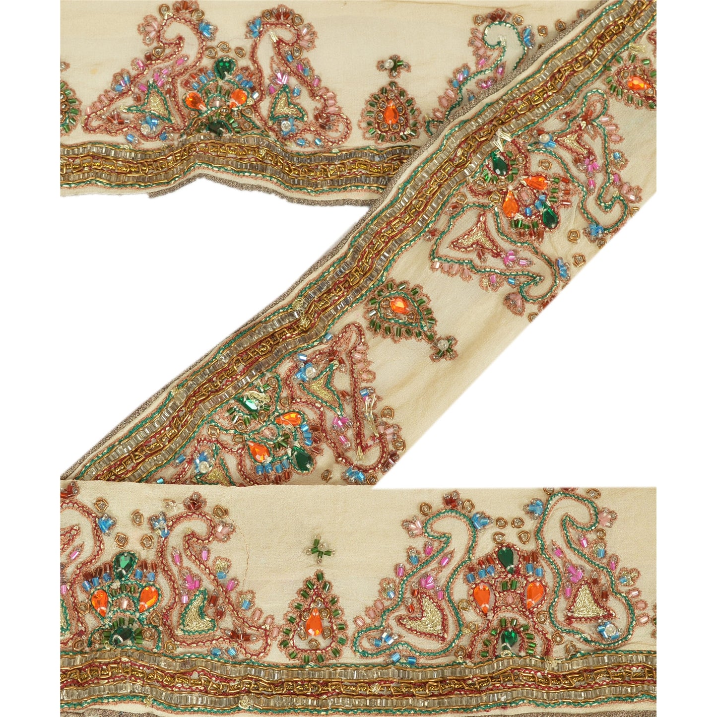 Sanskriti Vintage Sari Border Hand Beaded 1 Yd Indian Trim Sewing Cream Lace