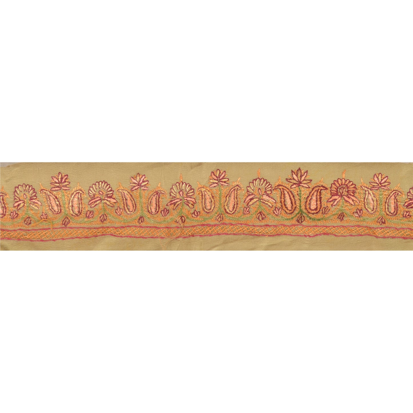 SANSKRITI VINTAGE Border Hand Embroidered 1 YD Trim Ribbon Olive Green Lace