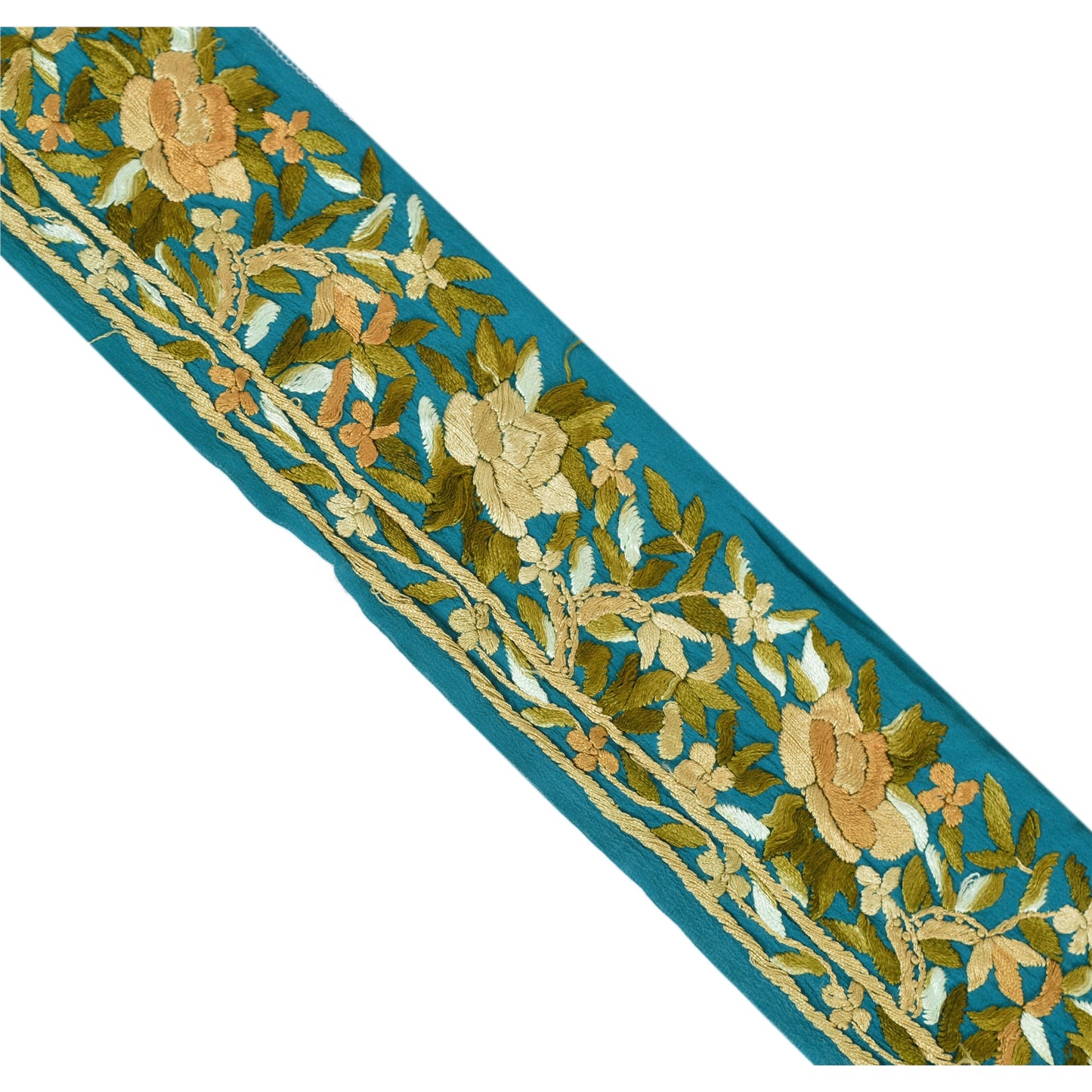 Sanskriti Vintage Border Hand Embroidered 1 Yard Trim Sewing Green Craft Lace