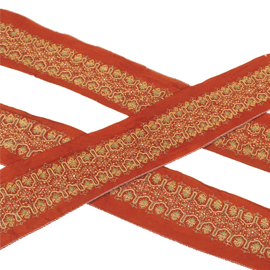 Sanskriti Vintage Sari Border Hand Embroidered Zari 1YD Trim Sewing Orange Lace