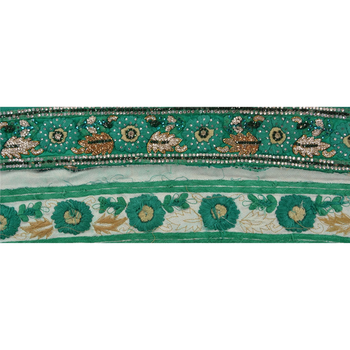 Sanskriti Vintage Sari Border Hand Beaded 1 Yd Trim Sewing Green Zircon Lace