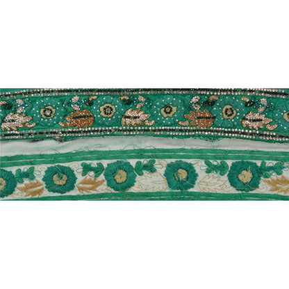 Sanskriti Vintage Sari Border Hand Beaded 1 Yd Trim Sewing Green Zircon Lace